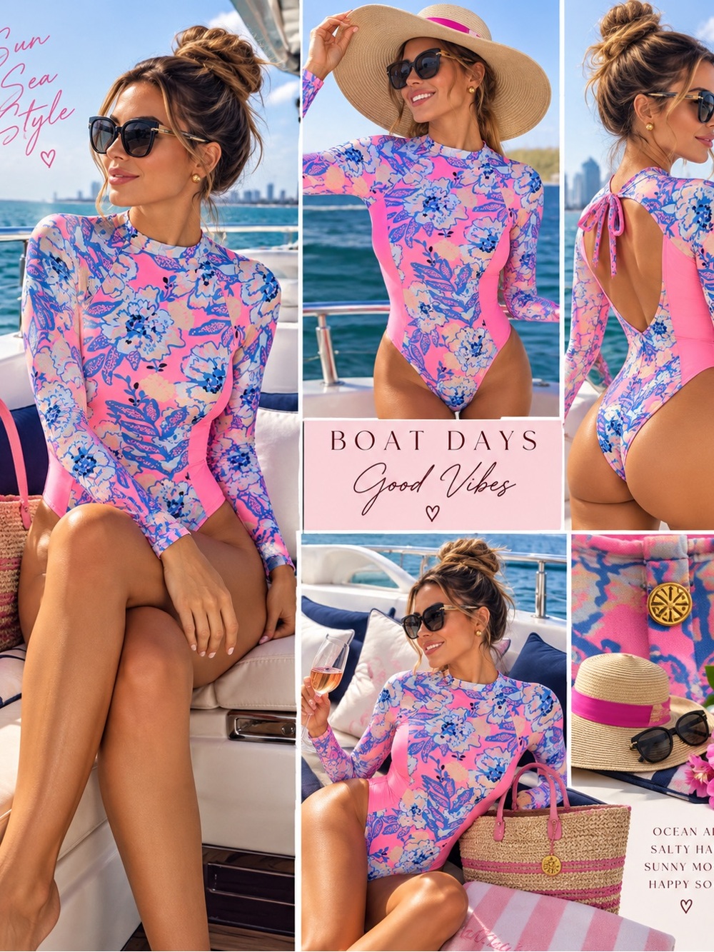 Lilly Pulitzer Floral Long Sleeve One Piece Swimsuit Pink Blue Resort Swimwear